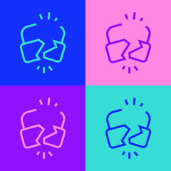 Pop art line Broken or cracked lock icon isolated on color background. Unlock sign. Vector Illustration