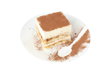Sweet tiramisu isolated on white background. Tasty dessert