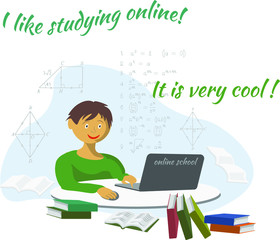 A boy studying on a laptop at an online school, sitting at a table. The slogan "Learning online" is cool. Vector illustration.