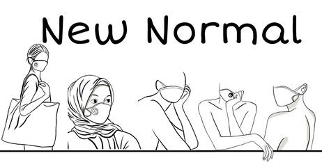 Line drawing,group of women wearing hygiene face mask or fabric cloth mask for prevent Corona epidemic,pm2.5,pollution,virus,bacteria in the air.New normal.Creative with illustration progress.