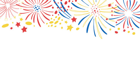 Cartoon fireworks on the top of the page. Hand drawn vector sketch illustration