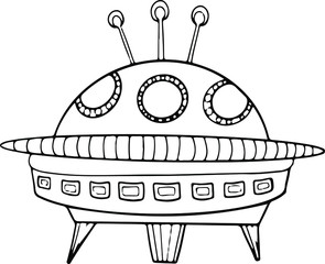 Cute  vector spaceship. Hand drawn vector stock illustration of decorative UFO spaceship isolated on white background. Cartoon outline. Line art.