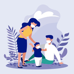 Family with masks outside vector design