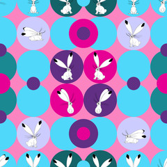 Colorful polka dot seamless pattern with hand drawn bunnies.