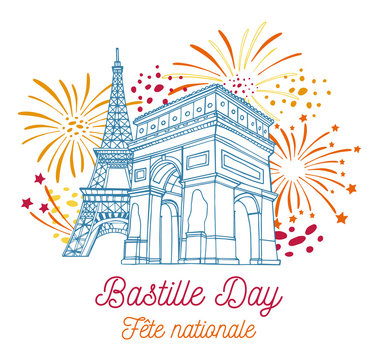 Eiffel tower, Triumphal arch and fireworks. Bastille Day design template. Title in French National celebration. Hand drawn vector sketch illustration