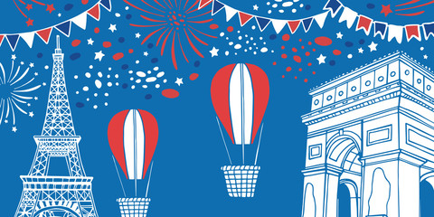 Fototapeta na wymiar Eiffel tower and Triumphal arch. Bastille Day composition with air balloons, fireworks and flags. Hand drawn vector sketch illustration