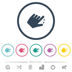 Left handed pinch close gesture flat color icons in round outlines