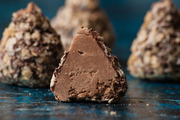 Delicious chocolates in waffle crumbs cut in half closeup macro, side view and copy space
