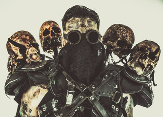 Survived in nuclear disaster mutant bandit or underground human creature, wearing rags and human...