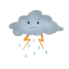 Illustration for children. A sad gray cloud, rain and lightning.