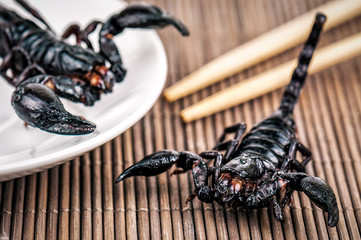 black fried scorpion and chopstick