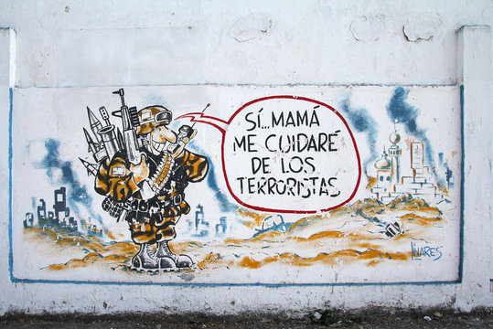 SANTA CLARA, CUBA - FEBRUARY 22: Wall mural with anti-American propaganda on February 22, 2011 in Sancti Spiritus, Cuba. Anti-American attitude is promoted by national government.