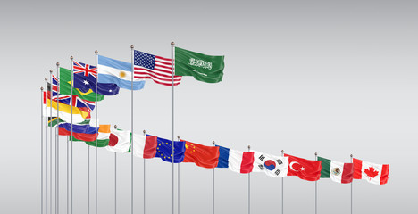 Waving flags countries of members Group of Twenty. Big G20 21–22 November 2020 in the capital city of Riyadh, Saudi Arabia. Isolated on grey. 3d rendering.  Illustration.