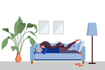 Stay home concept. People work at home to prevent a viral infection. Girl works on laptop at home.