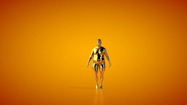 Golden Fat Man Morphing Into Muscular Fit Doing Jumping Jacks, Seamless Loop, Orange Studio