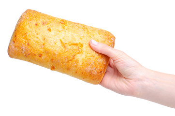 Ciabatta with cheese in hand on white background isolation