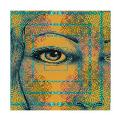
illustration, woman's gaze, beauty, collage drawing and matter, creation drawing, yellow and blue