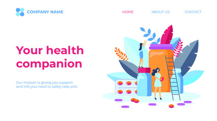 Online pharmacy site design concept.  Smartphone with shopping bag, medical supplies, bottles liquids and pills. Landing page concept. Business vector illustration concept.