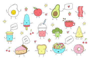 Cute hand drawn set with Funny Cartoon food. Vector kawaii food