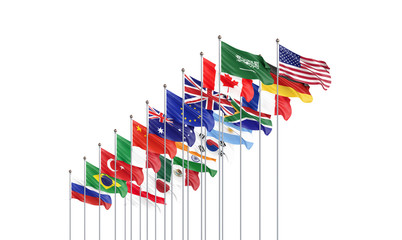 Waving flags countries of members Group of Twenty. Big G20 21–22 November 2020 in the capital city of Riyadh, Saudi Arabia. Isolated on white. 3d rendering.  Illustration.