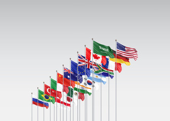 Waving flags countries of members Group of Twenty. Big G20 21&ndash;22 November 2020 in the capital city of Riyadh, Saudi Arabia. Isolated on grey. 3d rendering.  Illustration.
