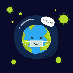 Cute cartoon of the Earth wearing a mask  is quarantine itself in the home barrier at the universe  with many of coronavirus outside the home barrier and saying 