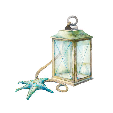 Coastal decor: vintage lantern, sea starfish, rope. Isolated illustration on white background