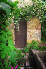Magic door in the garden with beautiful plants