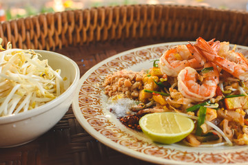 Thai Stir-fried rice noodles (Pad Thai) with shrimp and vegetables. One of the most famous food in Thailand. Thailand traditional dish.