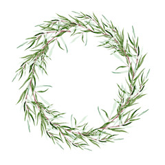Watercolor green olive wreath. Round wreath with olive leaves