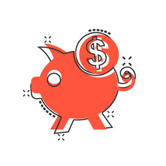Money box icon in comic style. Pig container cartoon vector illustration on white isolated background. Piggy bank splash effect business concept.
