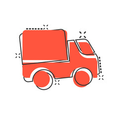 Delivery truck icon in comic style. Van cartoon vector illustration on white isolated background. Cargo car splash effect business concept.