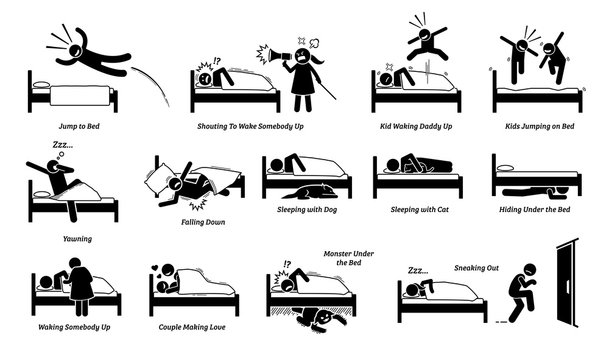 Vector illustrations of things that people do on bed. Cliparts depict man jumping onto the bed. Angry wife and noisy kids waking up a person. People sleeping with cat and dog. Monster hide under bed.