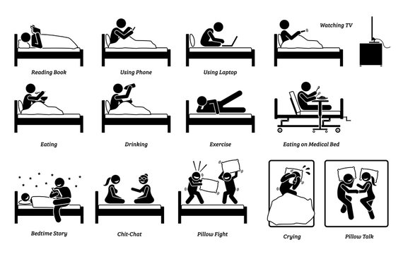 Things that people do on the bed inside the bedroom. Vector of person reading book, using phone, working with laptop, watching TV, eating, drinking exercise, bedtime story, talking, and pillow fight.
