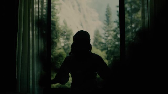 Focus shifts from flowers silhouetted in the foreground to a robed woman in the background opening the curtains to a beautiful forest setting. Location: Yosemite National Park.

Tripod. Medium Shot.