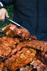 Grilled and barbecued ribs pork. Tasty traditional american meat. beef and pork ribs cooked