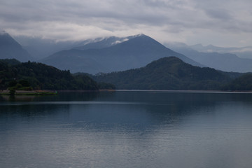 Beautiful Sun moon lake with mountain view and reflection of mountain on the water. Taiwan