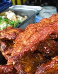 Grilled and barbecued ribs pork. Tasty traditional american meat. beef and pork ribs cooked