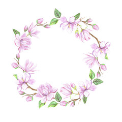 Wreath with pink magnolia flowers and leaves. Round wreath with Magnolia Flowers