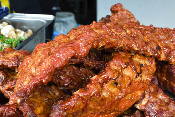 Grilled and barbecued ribs pork. Tasty traditional american meat. beef and pork ribs cooked