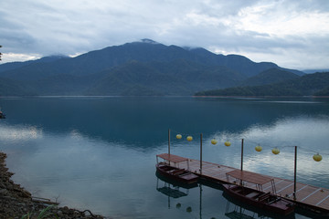 Beautiful Sun moon lake with mountain view and reflection of mountain on the water. Taiwan