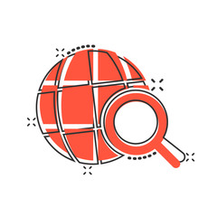 Globe search icon in comic style. Network navigation cartoon vector illustration on white isolated background. Global geography loupe splash effect business concept.