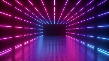 3d rendering, abstract neon background, empty tunnel with pink glowing lines, long corridor, road, performance stage with reflecting floor, ultraviolet light © NeoLeo