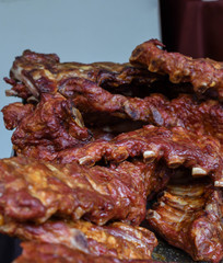 Grilled and barbecued ribs pork. Tasty traditional american meat. beef and pork ribs cooked