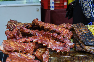 Grilled and barbecued ribs pork. Tasty traditional american meat. beef and pork ribs cooked