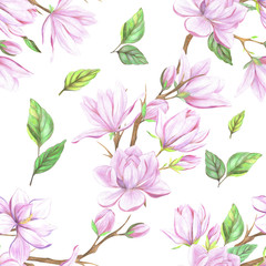 Seamless pattern with pink magnolia flowers and green leaves