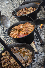 Very large cauldron cooking food during campfire. Cooking in a pot on the fire. Camping concept