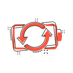 Battery charge icon in comic style. Power level cartoon vector illustration on white isolated background. Lithium accumulator splash effect business concept.