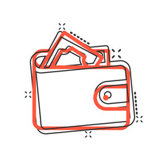Wallet icon in comic style. Purse cartoon vector illustration on white isolated background. Finance bag splash effect business concept.