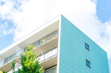 Modern Luxury Scandinavia Apartment Building wiith Blue Sky in Home Residential Area